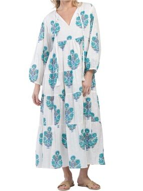 NWT DEBBIE KATZ South Beach Floral White Cotton JANET Long Sleeve Maxi Dress, L
